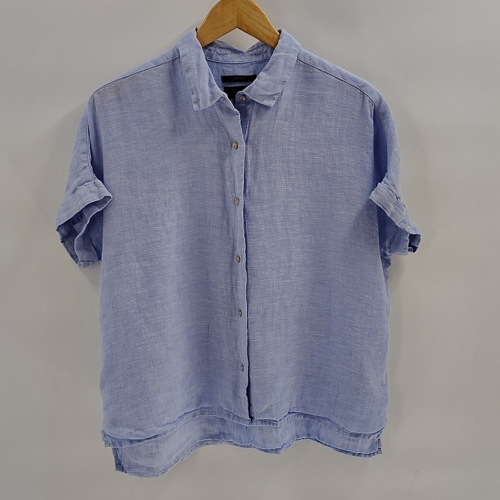 Rachel Roy Linen Button Down Size Medium Short Sleeve Blue